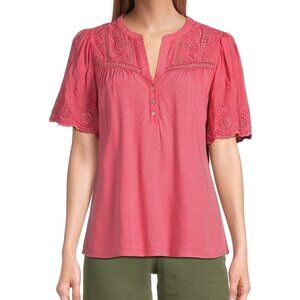Nuture By Westbound Coral Boho Eyelet Short Sleeve Top - Size S - Summer Casual